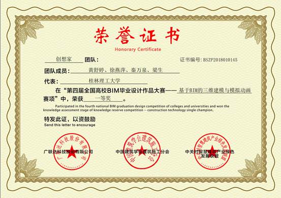 第四届全国高校BIM毕设比赛一等奖证书 第四届全国高校BIM毕设比赛一等奖证书