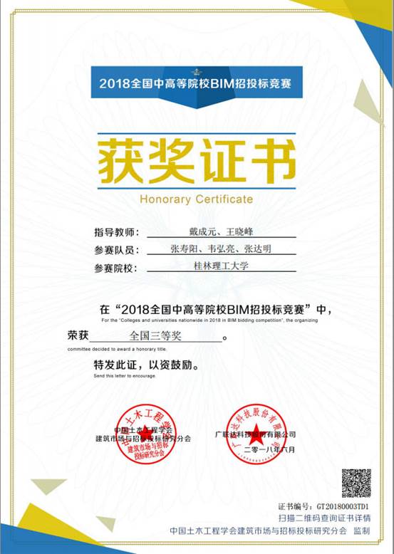 2018全国中高等院校BIM招投标竞赛三等奖证书 2018全国中高等院校BIM招投标竞赛三等奖证书
