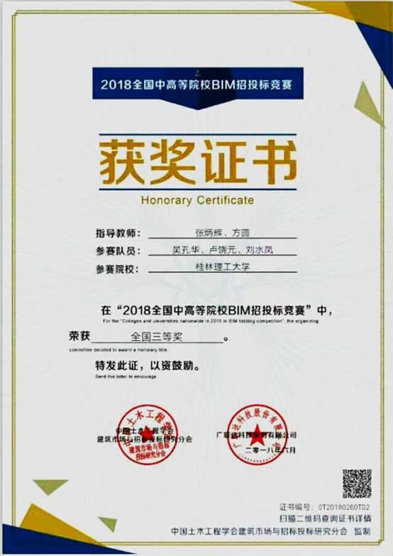2018全国中高等院校BIM招投标竞赛三等奖证书02 2018全国中高等院校BIM招投标竞赛三等奖证书02